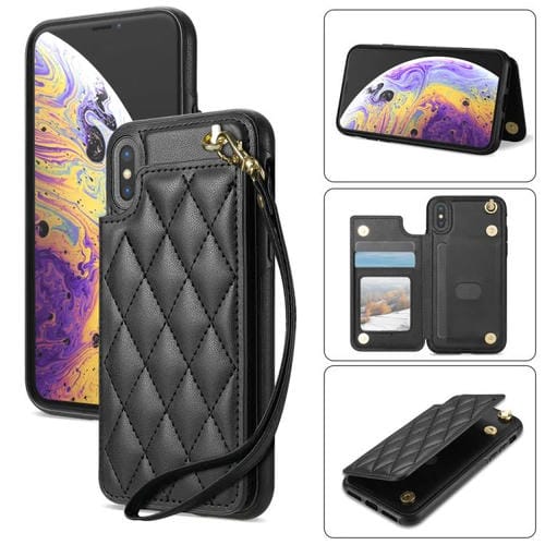 Estuche para Teléfono iPhone Xs Max con Ranuras para Tarjetas y Hebilla Doble Rombal con Cordón (Negro)