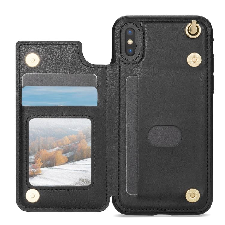 Estuche para Teléfono iPhone Xs Max con Ranuras para Tarjetas y Hebilla Doble Rombal con Cordón (Negro)