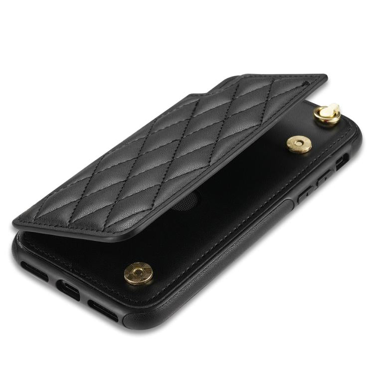 Estuche para Teléfono iPhone Xs Max con Ranuras para Tarjetas y Hebilla Doble Rombal con Cordón (Negro)
