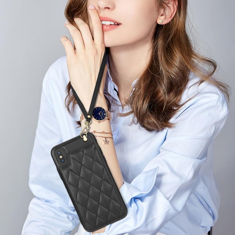 Estuche para Teléfono iPhone Xs Max con Ranuras para Tarjetas y Hebilla Doble Rombal con Cordón (Negro)