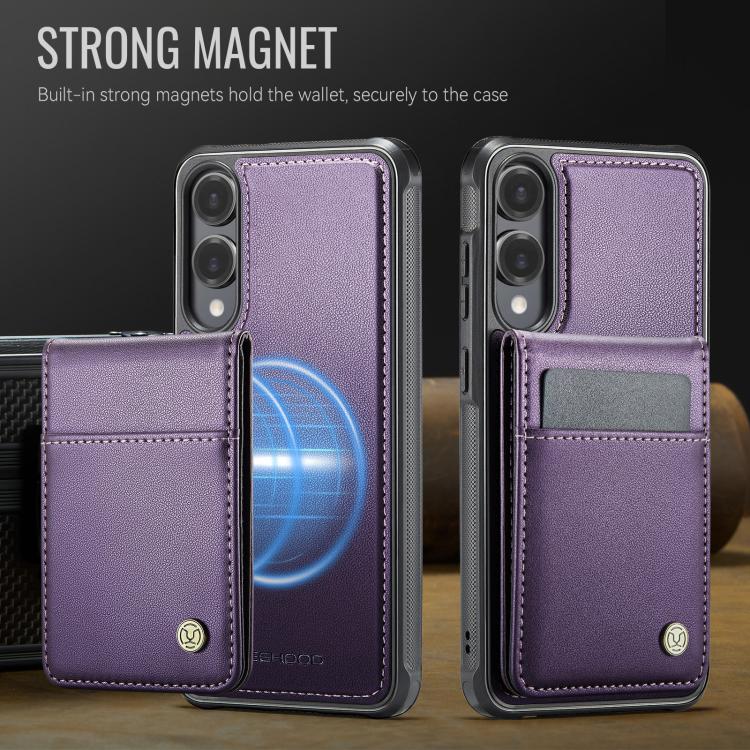Funda de PU estilo británico para Samsung Galaxy S25 Edge 5G JEEHOOD J06 con tarjetero RFID MagSafe (morado)