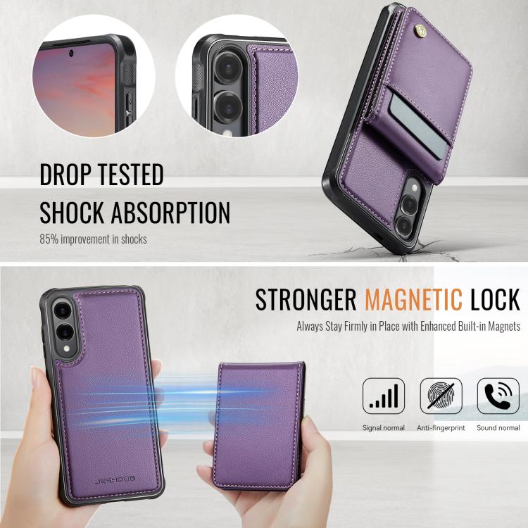 Funda de PU estilo británico para Samsung Galaxy S25 Edge 5G JEEHOOD J06 con tarjetero RFID MagSafe (morado)