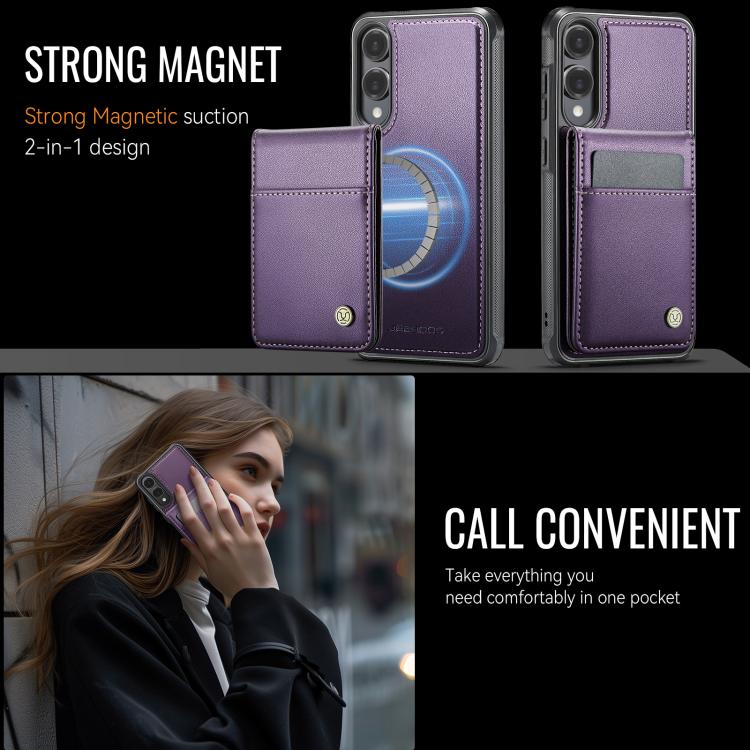 Funda de PU estilo británico para Samsung Galaxy S25 Edge 5G JEEHOOD J06 con tarjetero RFID MagSafe (morado)