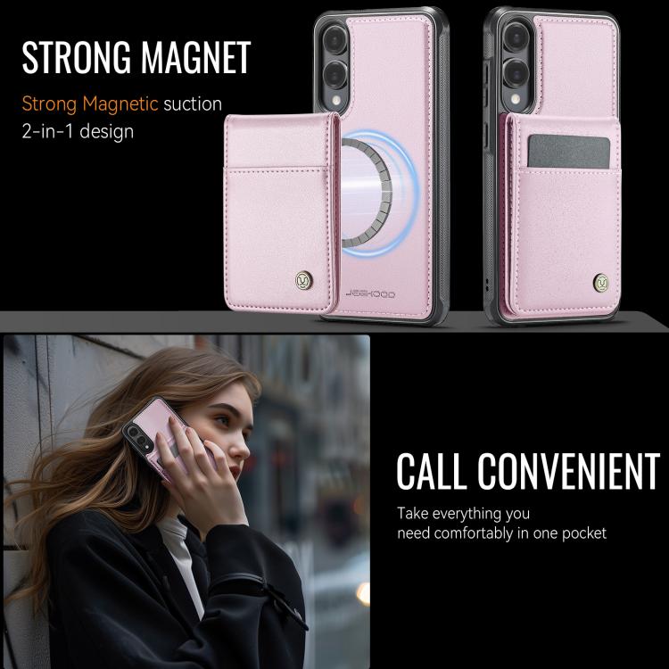 Funda de PU estilo británico para Samsung Galaxy S25 Edge 5G JEEHOOD J06 con tarjetero RFID MagSafe (rosa)