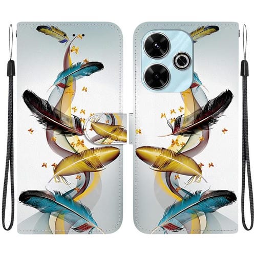 Funda de Cuero con Dibujo de Colores y Textura de Cristal para Redmi 13 4G/Poco M6 (Plumas de Mariposa Doradas)