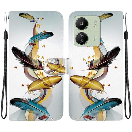 Funda de Cuero con Dibujo de Colores y Textura de Cristal para Redmi 13C 4G / 5G / 13R 5G (Plumas de Mariposa Doradas)