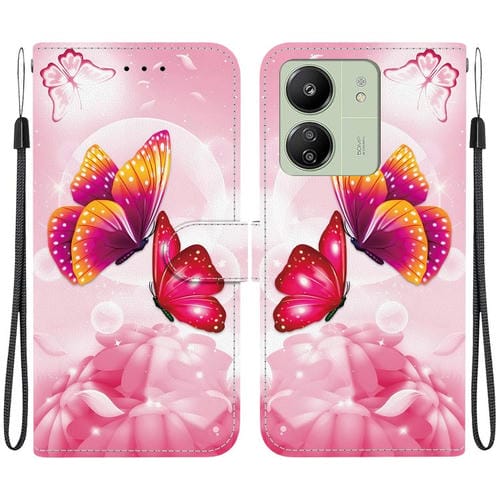 Funda de Cuero con Dibujo de Colores y Textura de Cristal para Redmi 13C 4G / 5G / 13R 5G (Mariposas Rosas)