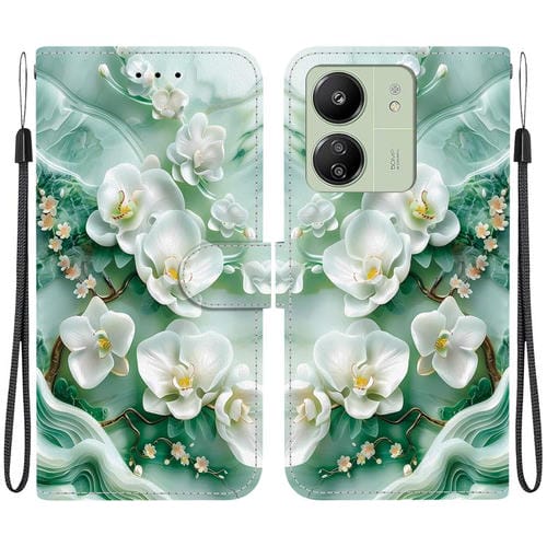 Funda de Cuero con Dibujo de Colores y Textura de Cristal para Redmi 13C 4G / 5G / 13R 5G (Flores de Jade)