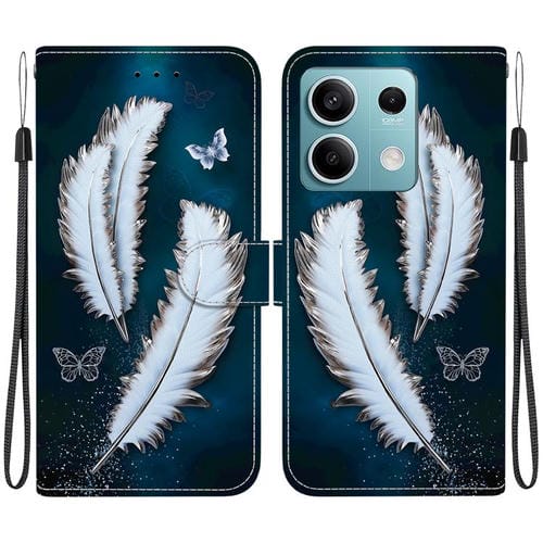 Funda de Cuero con Dibujo de Colores y Textura de Cristal para Redmi Note 13 5G (Plumas de Mariposa Blancas)