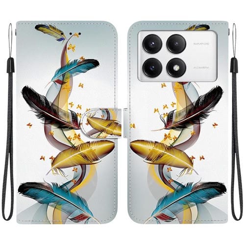 Funda de Cuero con Dibujo de Colores y Textura de Cristal para Redmi K70/K70 Pro (Plumas de Mariposa Doradas)