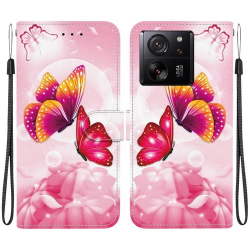 Funda de Cuero con Dibujo de Colores y Textura de Cristal para Xiaomi 13T/13T Pro (Mariposas Rosas)