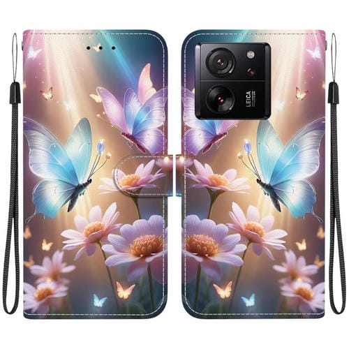 Funda de Cuero con Dibujo de Colores y Textura de Cristal para Xiaomi 13T/13T Pro (Mariposa, Amor y Flores)