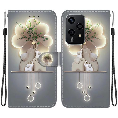 Funda de Cuero Honor 200 Lite con Dibujo a Color y Textura de Cristal (Elefantes)