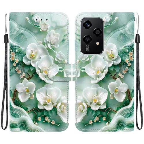 Funda de Cuero Honor 200 Lite con Dibujo a Color y Textura de Cristal (Flores de Jade)