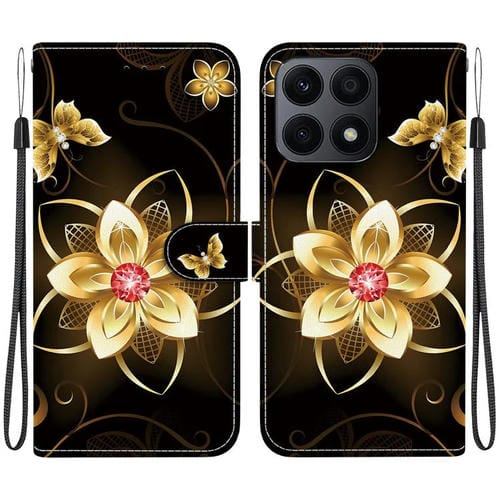 Funda de Cuero para Honor X8A con Dibujo y Textura de Cristal (Flor Dorada)