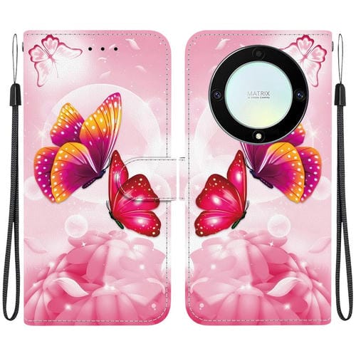 Funda de Cuero para Honor X9A con Dibujo y Textura de Cristal (Mariposas Rosas)