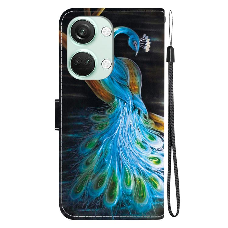 Funda de Cuero con Dibujo y Textura de Cristal para OnePlus Ace 2V 5G/Nord 3 (Pavo Real)
