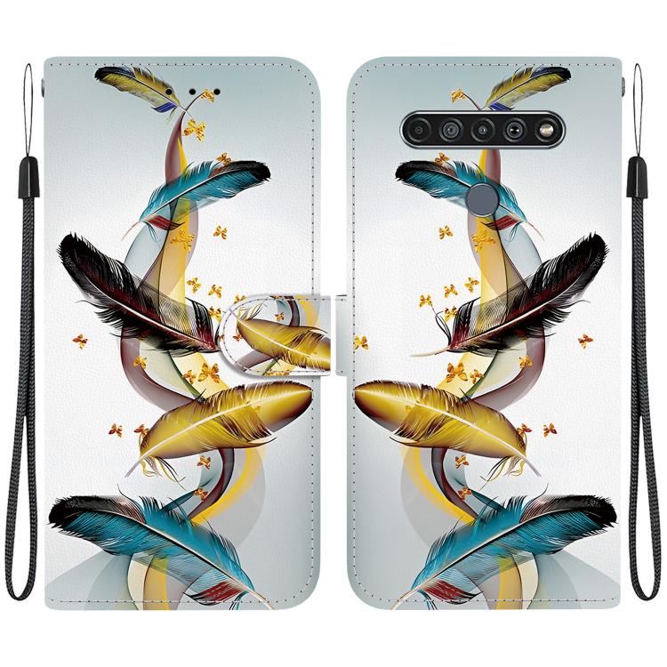 Funda de Cuero para LG K61 con Dibujo de Colores y Textura de Cristal (Plumas de Mariposa Doradas)