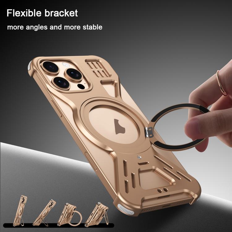 Funda para teléfono Apple iPhone 15 Pro con soporte 360 grados y aleación Magsafe sin marco (Dorado del Desierto)