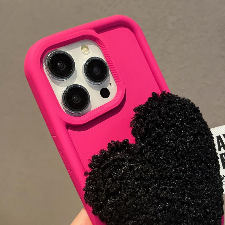 Funda para Teléfono iPhone 15 Plus Diseño Corazón de Peluche con Cordón (Rosa Rojo)