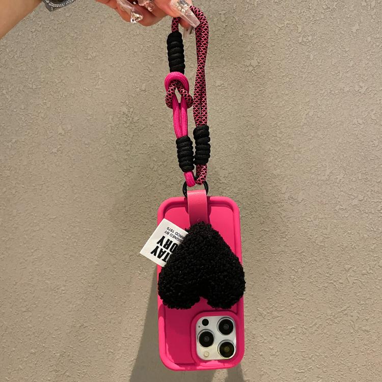 Funda para Teléfono iPhone 15 Plus Diseño Corazón de Peluche con Cordón (Rosa Rojo)
