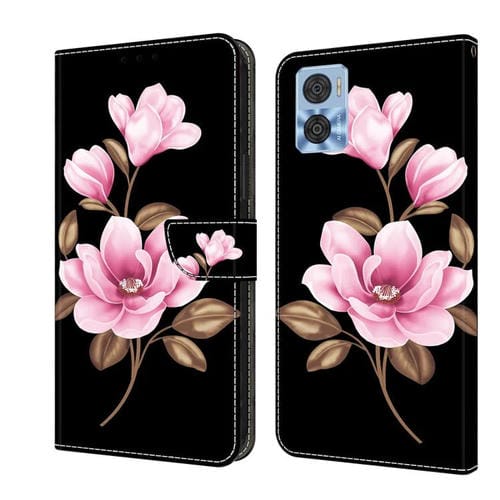 Funda de Cuero pintada a mano para Motorola Moto E22 (Flores Negras)