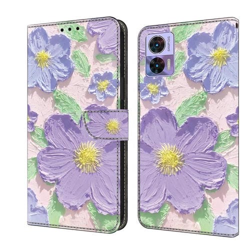 Funda de Cuero Pintada a Mano para Motorola Edge 30 Neo con Pintura al Óleo y Flores Moradas