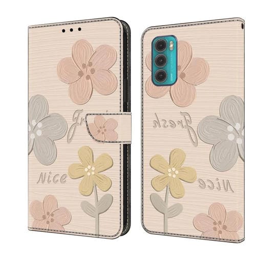 Funda de Cuero Pintada a Mano para Motorola Moto G60 (Flores Beige)