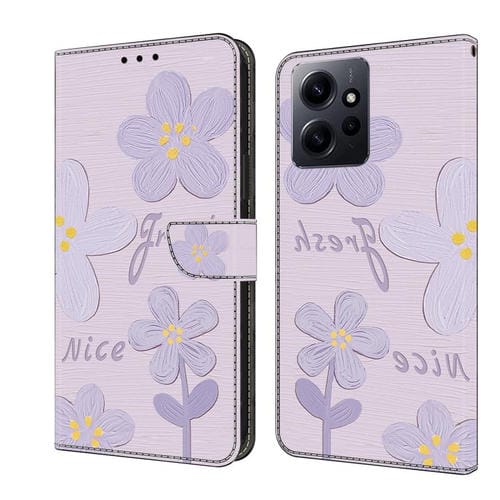 Funda de Cuero Pintada a Mano para Redmi Note 12 4G Global Fresh (Flores de Color Morado Oscuro)