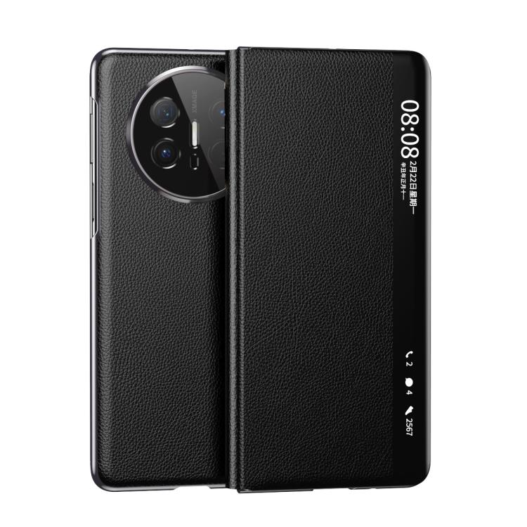 Funda de Cuero con Patrón de Lichi Galvanizado para Huawei Mate X6 con Ventana Inteligente y Magsafe (Negro)