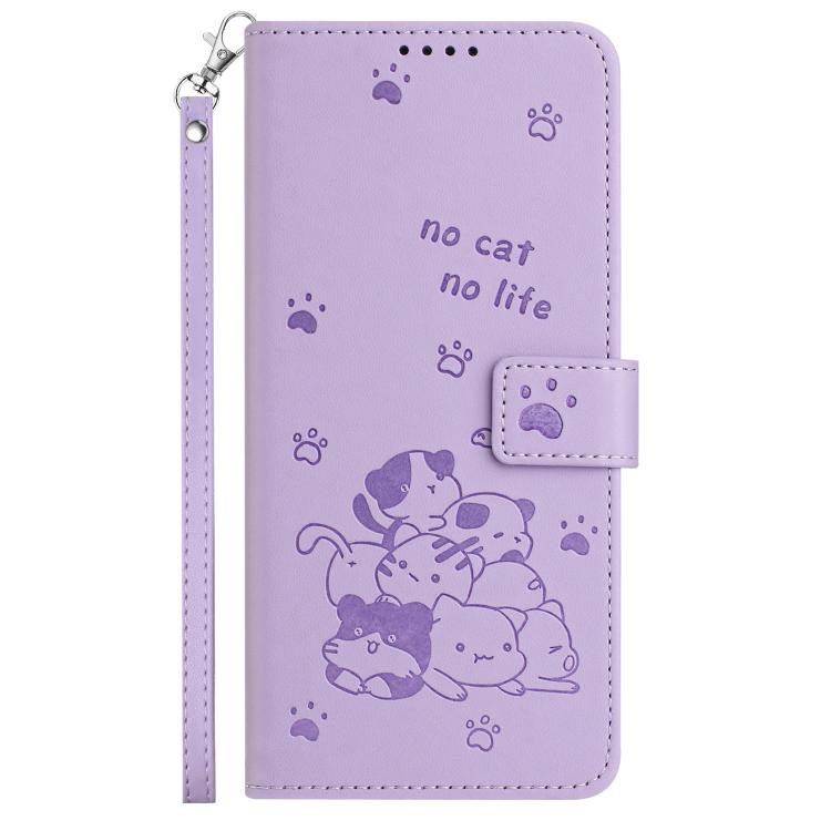 Funda de Cuero para Sharp Aquos Sense 8 con Diseño de Gatito En Relieve y Cordón (Morado)