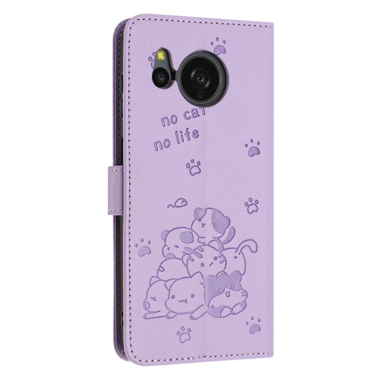 Funda de Cuero para Sharp Aquos Sense 8 con Diseño de Gatito En Relieve y Cordón (Morado)