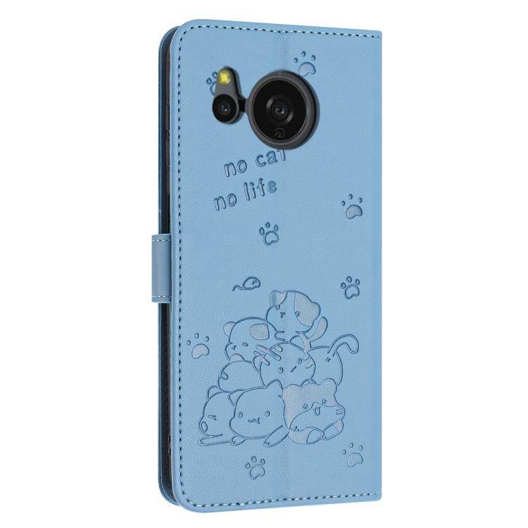 Funda de Cuero para Sharp Aquos Sense 8 con Diseño de Gatito En Relieve y Cordón (Azul)