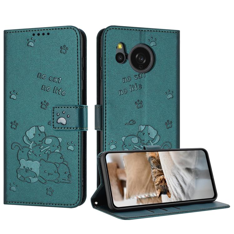 Funda de Cuero para Sharp Aquos Sense 8 con Diseño de Gatito En Relieve y Cordón (Verde Oscuro)