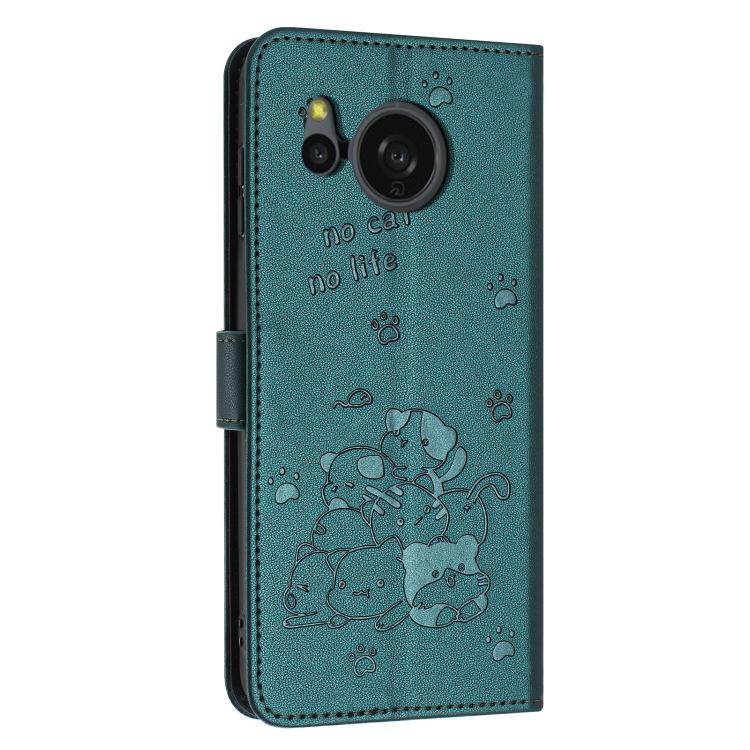 Funda de Cuero para Sharp Aquos Sense 8 con Diseño de Gatito En Relieve y Cordón (Verde Oscuro)