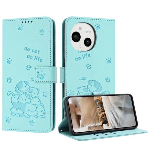 Funda de Cuero para Sharp Aquos Sense 9 con Diseño de Gatito en Relieve y Cordón (Verde Menta)
