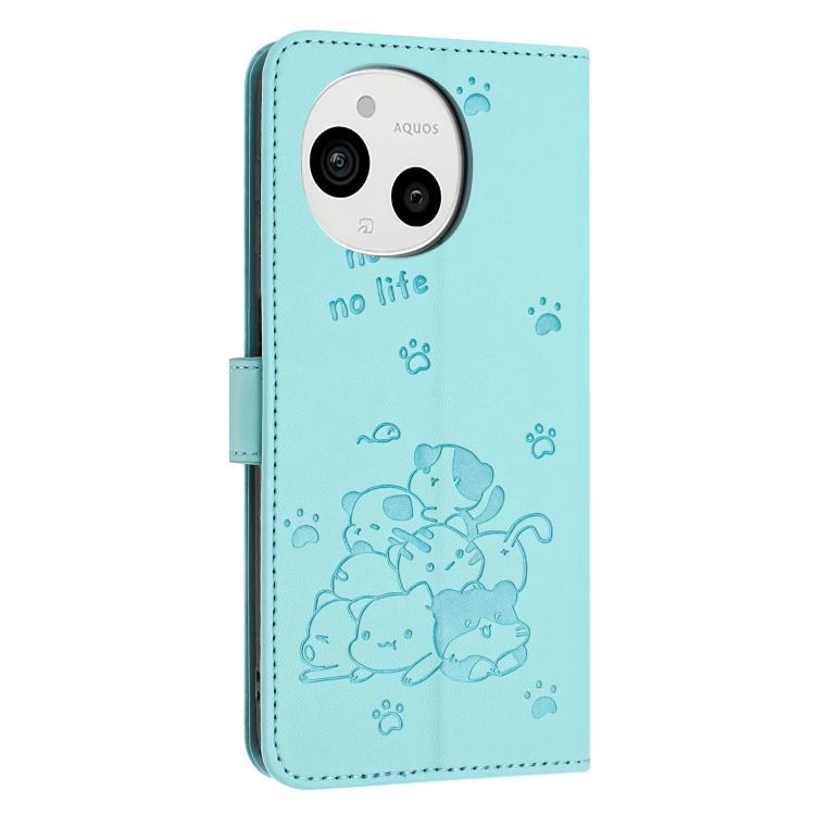Funda de Cuero para Sharp Aquos Sense 9 con Diseño de Gatito en Relieve y Cordón (Verde Menta)