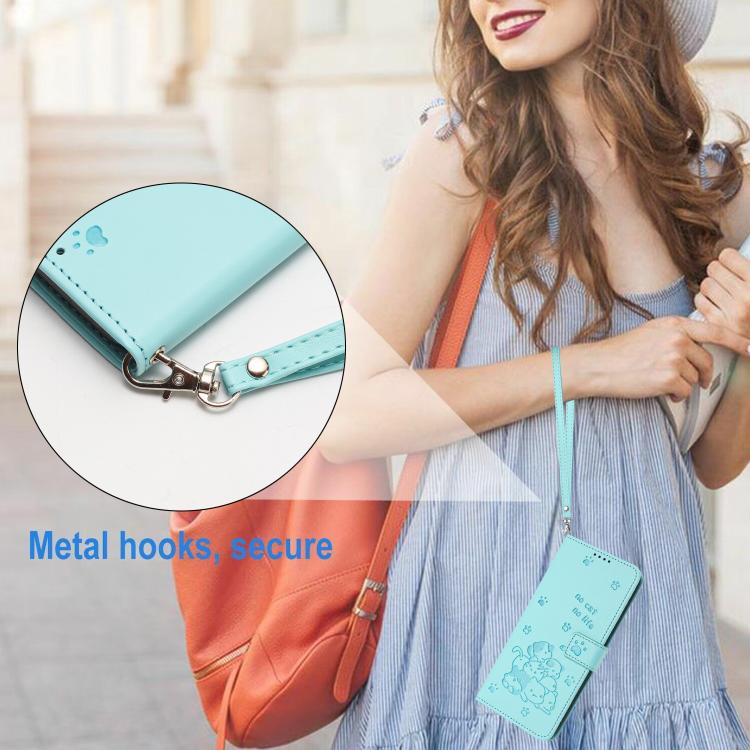 Funda de Cuero para Sharp Aquos Sense 9 con Diseño de Gatito en Relieve y Cordón (Verde Menta)