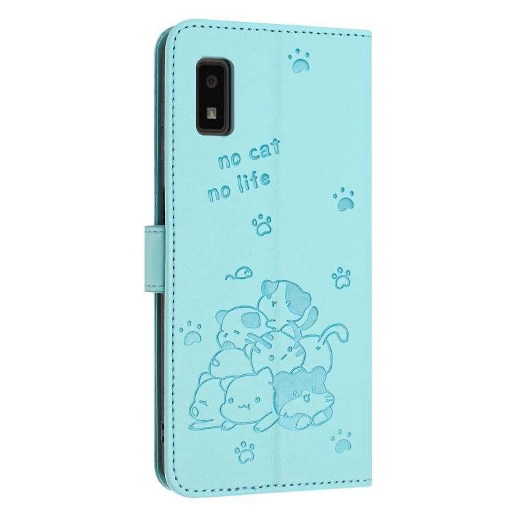 Funda de Cuero para Sharp Aquos Wish 3 con Diseño de Gatito En Relieve y Cordón (Verde Menta)