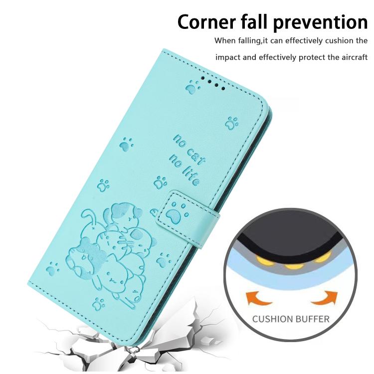 Funda de Cuero para Sharp Aquos Wish 3 con Diseño de Gatito En Relieve y Cordón (Verde Menta)