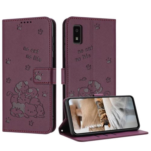 Funda de Cuero para Sharp Aquos Wish 3 con Diseño de Gatito en Relieve y Cordón (Rojo Vino)