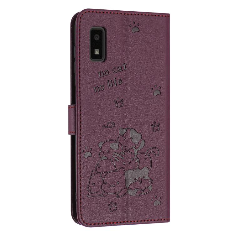 Funda de Cuero para Sharp Aquos Wish 3 con Diseño de Gatito en Relieve y Cordón (Rojo Vino)