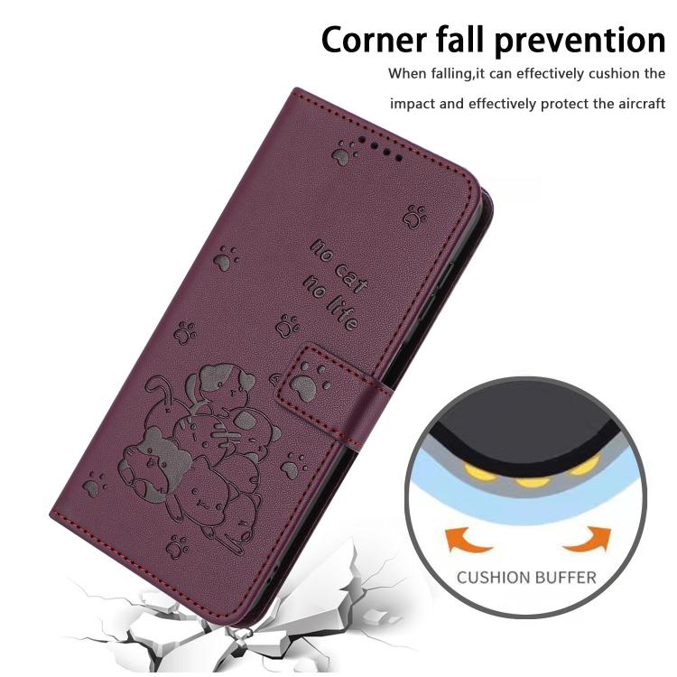 Funda de Cuero para Sharp Aquos Wish 3 con Diseño de Gatito en Relieve y Cordón (Rojo Vino)
