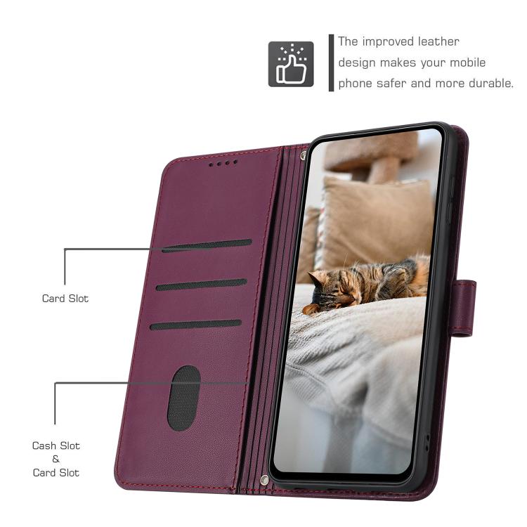 Funda de Cuero para Sharp Aquos Wish 3 con Diseño de Gatito en Relieve y Cordón (Rojo Vino)