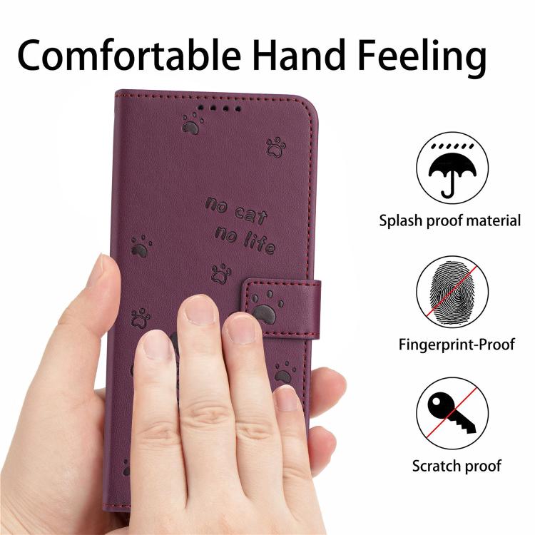 Funda de Cuero para Sharp Aquos Wish 3 con Diseño de Gatito en Relieve y Cordón (Rojo Vino)