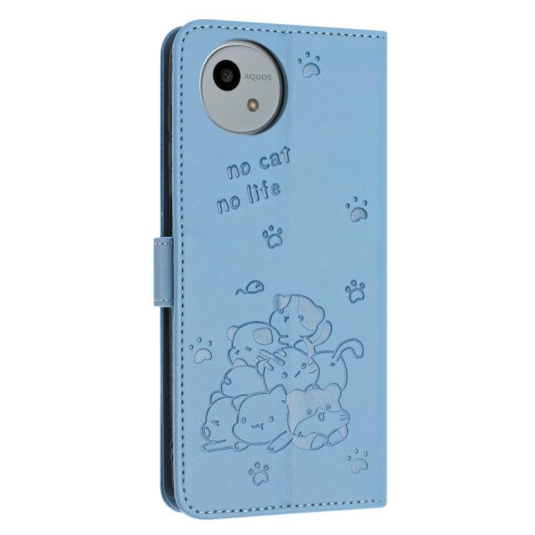 Funda de Cuero para Sharp Aquos Wish4 Sh-52E con Diseño de Gatito en Relieve y Cordón (Azul)