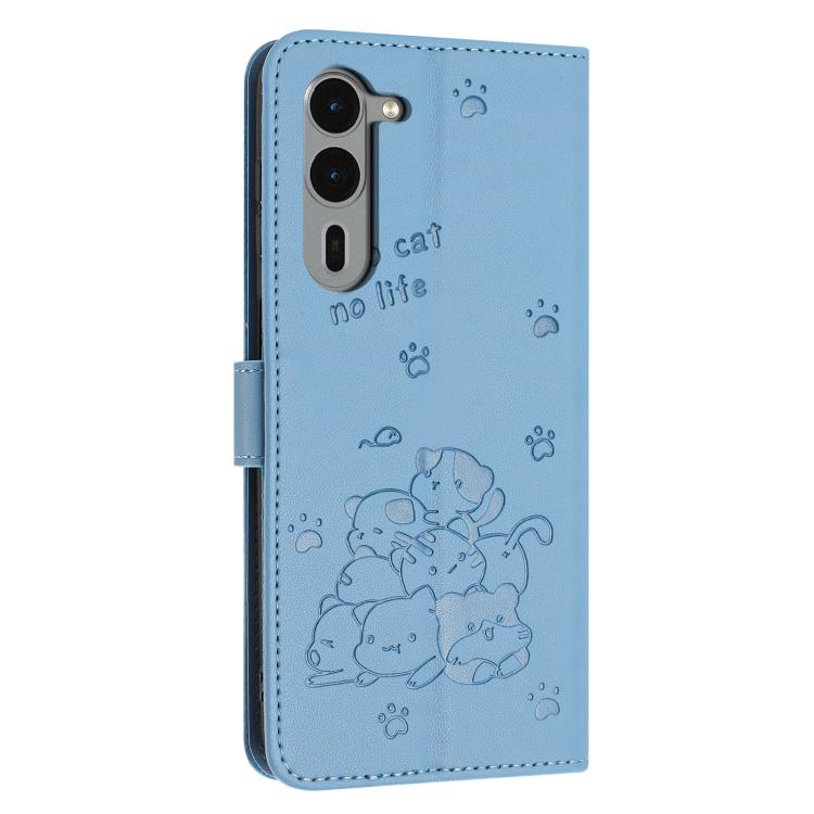 Funda de Cuero con Cordón para Teléfono Fujitsu Arrows We2 F-52E Diseño Gatito En Relieve (Azul)