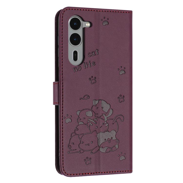 Funda de Cuero Fujitsu Arrows We2 F-52E con Diseño de Gatito en Relieve y Cordón (Rojo Vino)