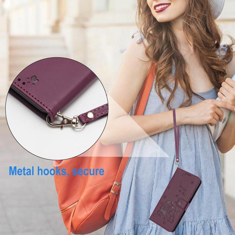 Funda de Cuero Fujitsu Arrows We2 F-52E con Diseño de Gatito en Relieve y Cordón (Rojo Vino)