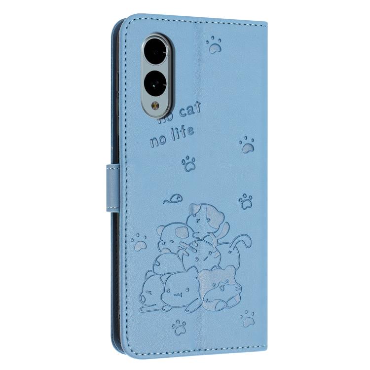 Funda de Cuero Fujitsu Arrows We2 Plus F-51E con Diseño de Gatito En Relieve y Cordón (Azul)